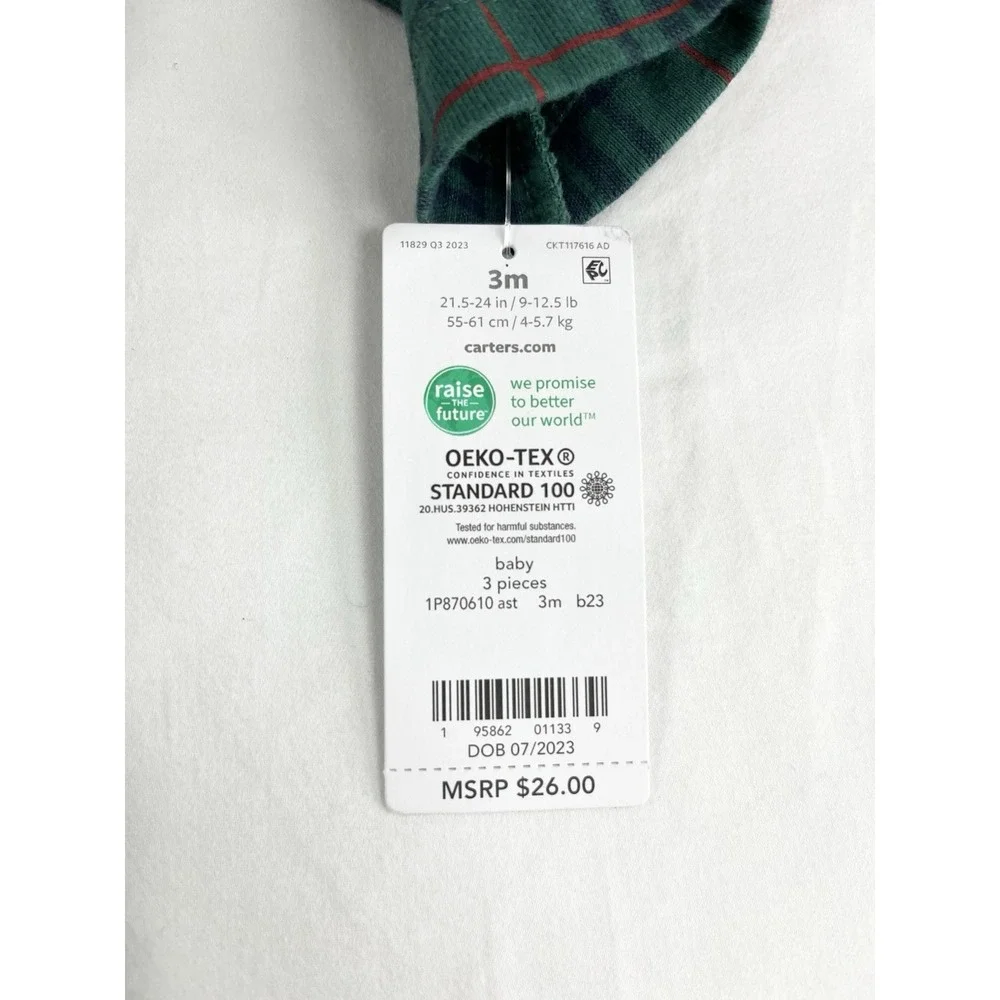 Carter's Baby 3M 3pc Penguin Winter Outfit Plaid Long‎ Sleeve Bodysuit Pants NWT